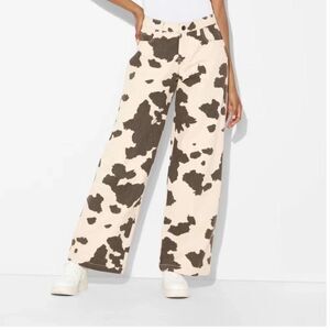 Cow Print Brown & Cream Women’s Trendy Western Denim High Rise Wide Leg Size XS